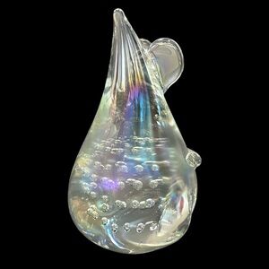 Vintage 1980s Art Glass Mouse Paperweight - Clear Iridescent Hand Blown